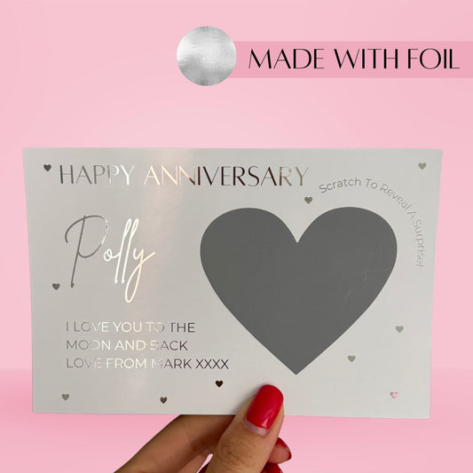 Personalised Foil Scratch To Reveal Card Anniversary Foil Heart Scratch Card