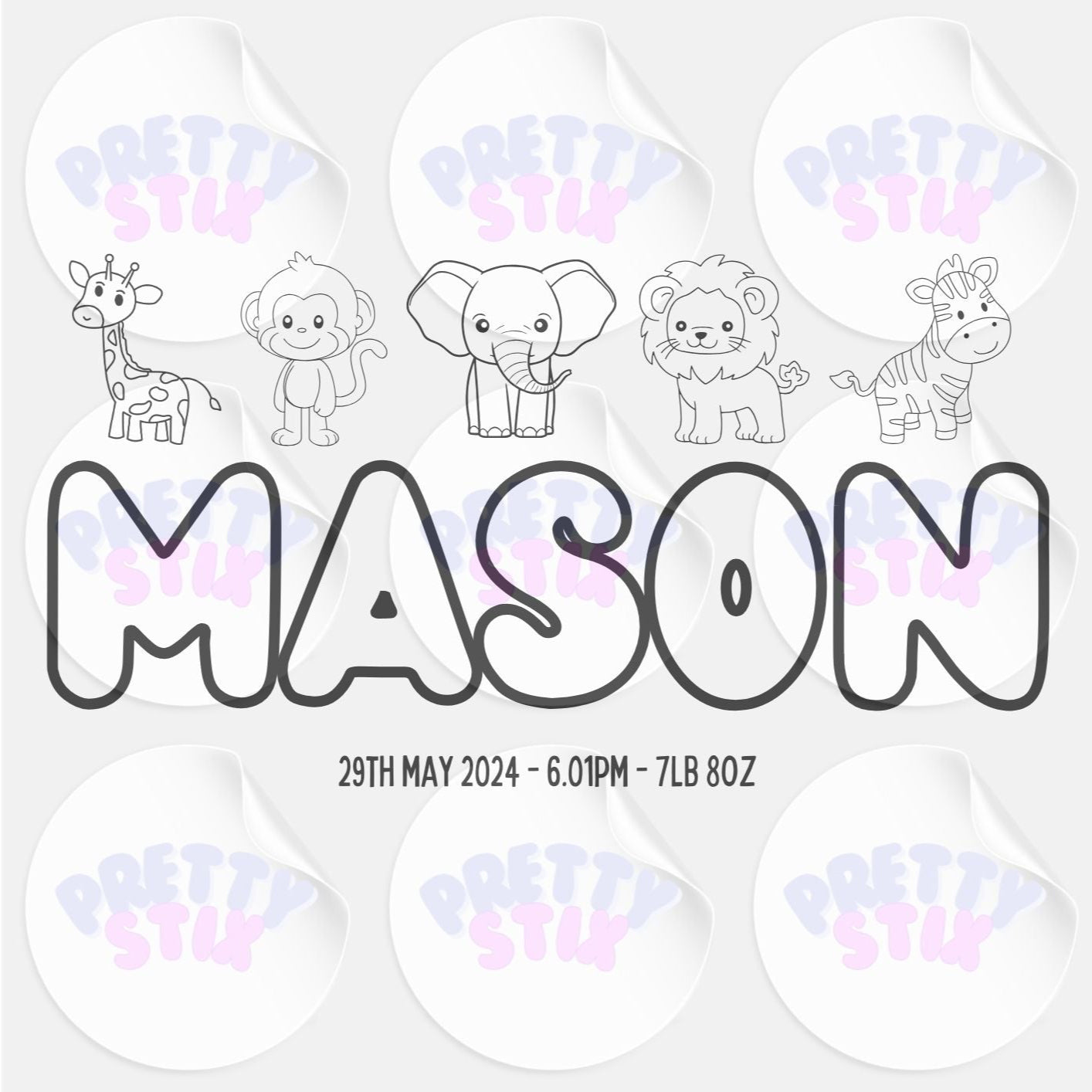Personalised New Baby/Child Name Foil Print Safari Animals Design