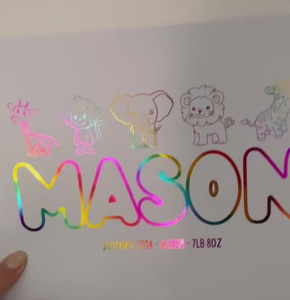 Personalised New Baby/Child Name Foil Print Safari Animals Design