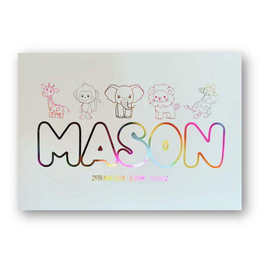 Personalised New Baby/Child Name Foil Print Safari Animals Design